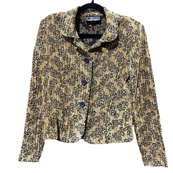 Vintage 90s Tapestry Blazer 8 Gold Floral Print Brown Button Front Jacket - Picture 1 of 10